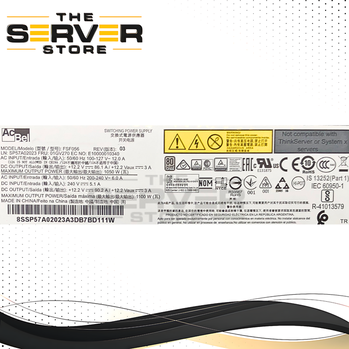 Lenovo AcBel FSF056 1100W Switching Power Supply. For ThinkSystem SR630 / SR650 Rack Servers. P/N: 01GV270.