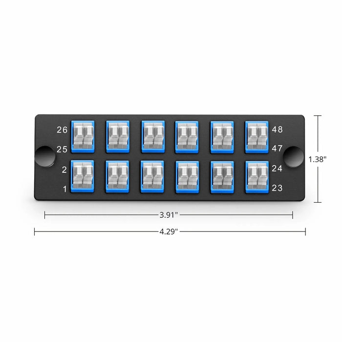 FHD Fiber Adapter Panel, 48 Fibers OS2 Single Mode, 12 x MDC UPC 2-Port Duplex (Blue) Adapter, Ceramic Sleeve