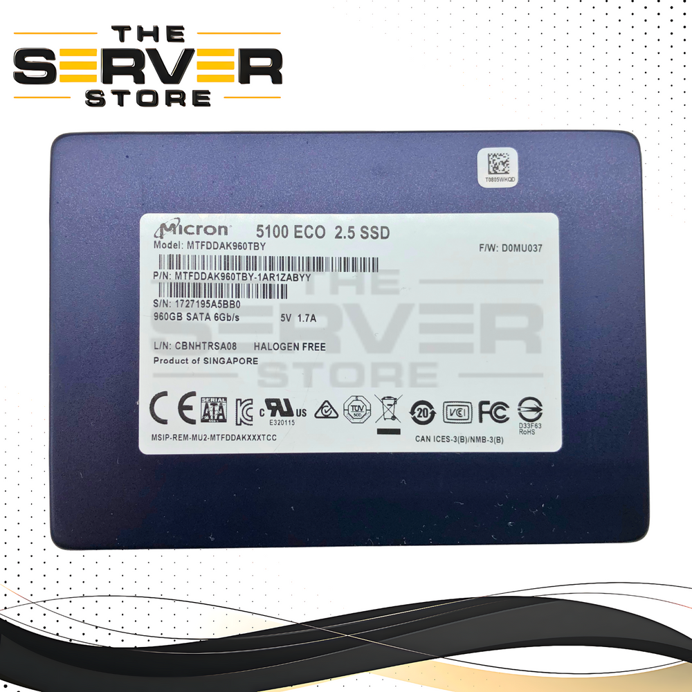 Micron 5100 ECO 960GB SATA 6Gb/s 2.5-inch SFF Read Intensive Enterprise Solid State Drive (SSD). P/N: MTFDDAK960TBY-1AR1ZABYY, MTFDDAK960TBY.