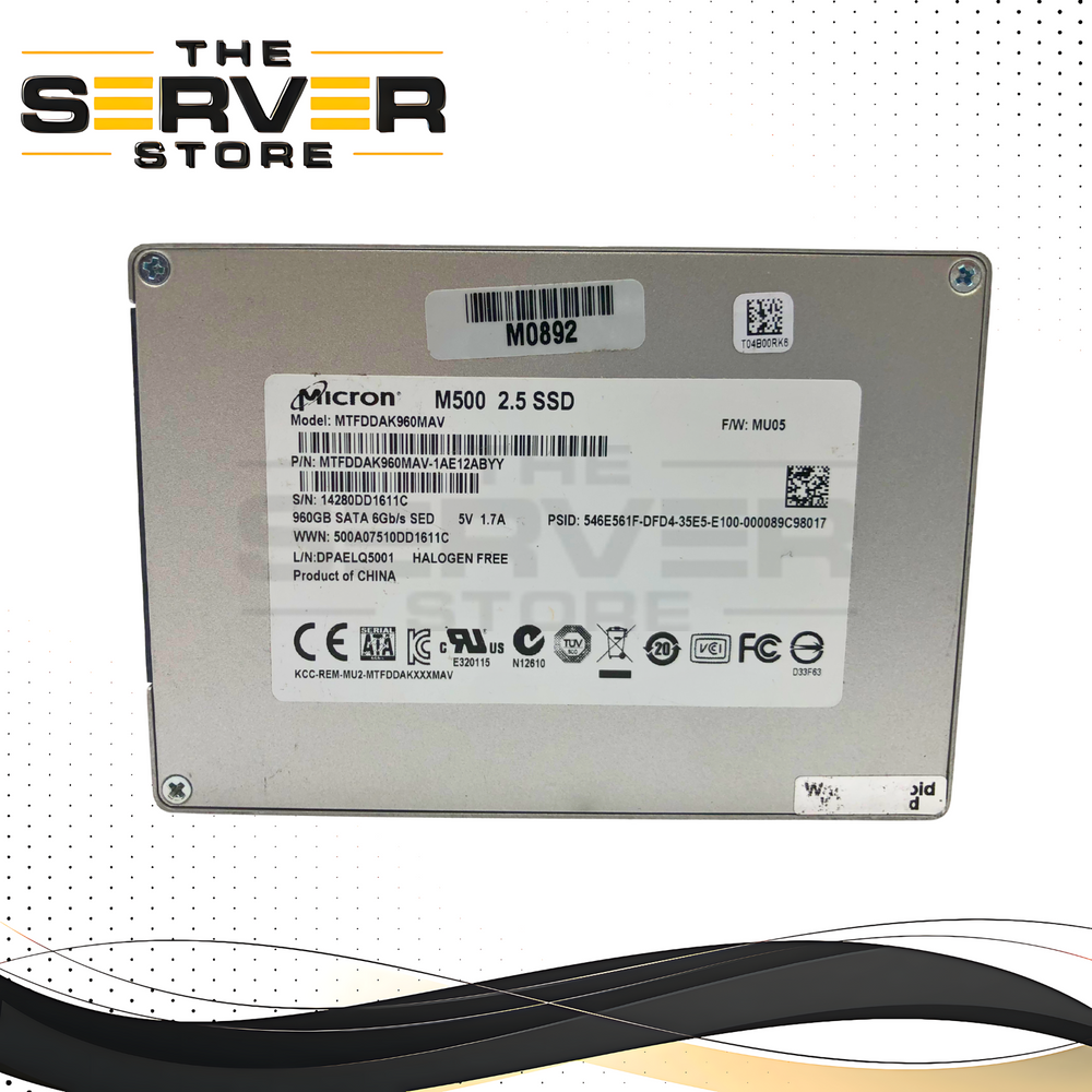 Micron M500 960GB 2.5-inch SATA III 6Gb/s Data Center Enterprise Solid State Drive (SSD). P/N: MTFDDAK960MAV-1AE12ABYY.