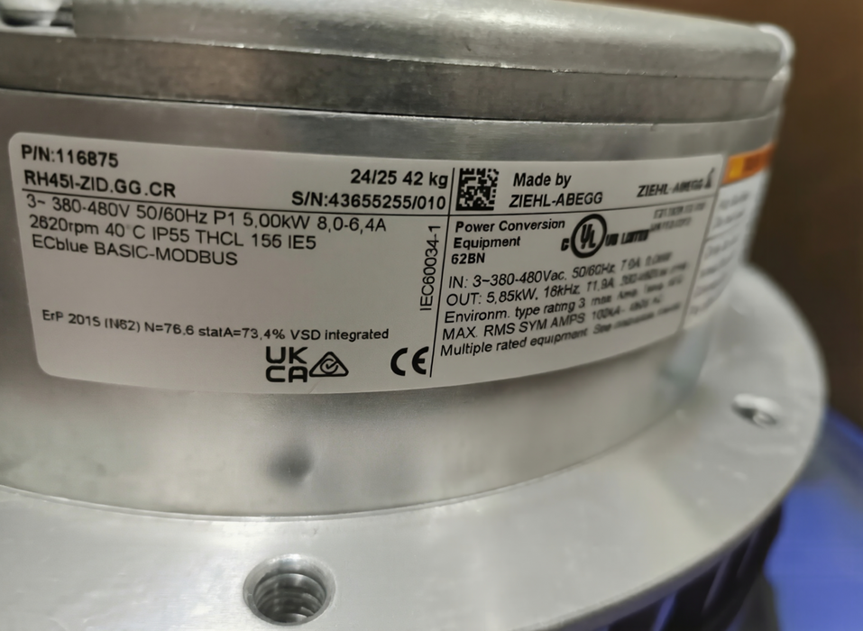 RH45I-ZID.GG.CR ZIEHL-ABEGG centrifugal fan 3-380/480V 3.6kW 5.8/4.6A 2260rpm 50/60HZ