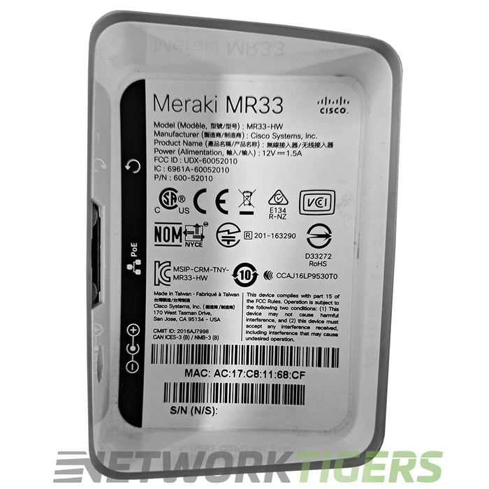 NEW Cisco Meraki MR33-HW Cloud Managed Wi-Fi 5 802.11ac Int Ant Unclaimed WAP