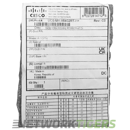 NEW Cisco UCS-MR-X64G2RT-H UCS Series 64GB DDR4 SDRAM RDIMM Server Memory