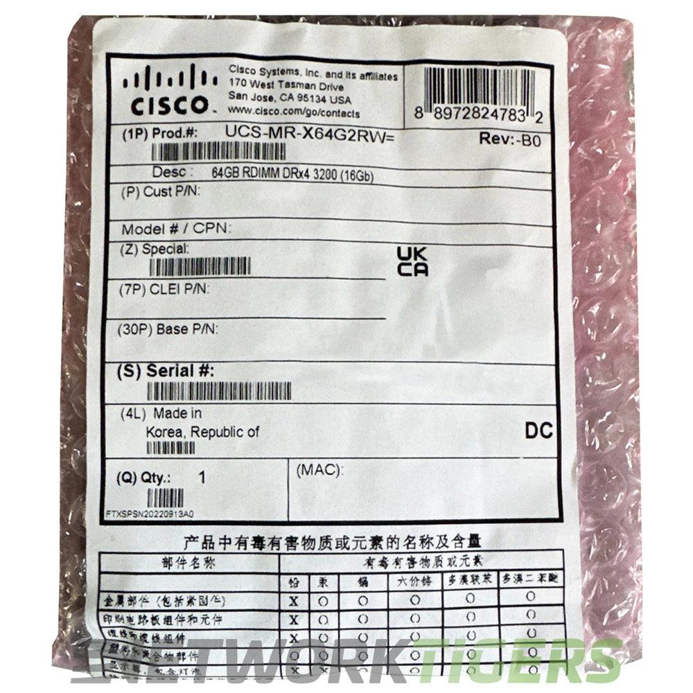 NEW Cisco UCS‐MR‐X64G2RW UCS 64GB DDR4 SDRAM - RDIMM Dual Rank Server Memory