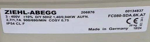 FC080-SDA.6K.A7 ZIEHL-ABEGG Axial Fan 3~400 V 1.40/0.94 kW 2.7/1.7A 900/690 rpm