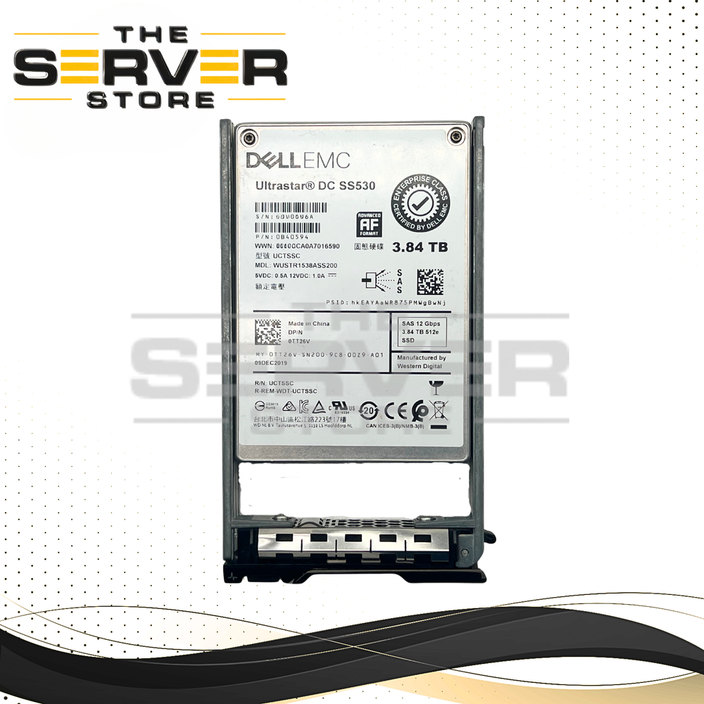 (New Open Box) Dell EMC 3.84TB SAS 12G RI SFF 2.5" 15mm SSD Western Digital (WD) Ultrastar DC SS530 Series WUSTR1538ASS200 0TT26V TT26V for Dell PowerEdge Server (Dell PowerEdge G13th Tray Included)