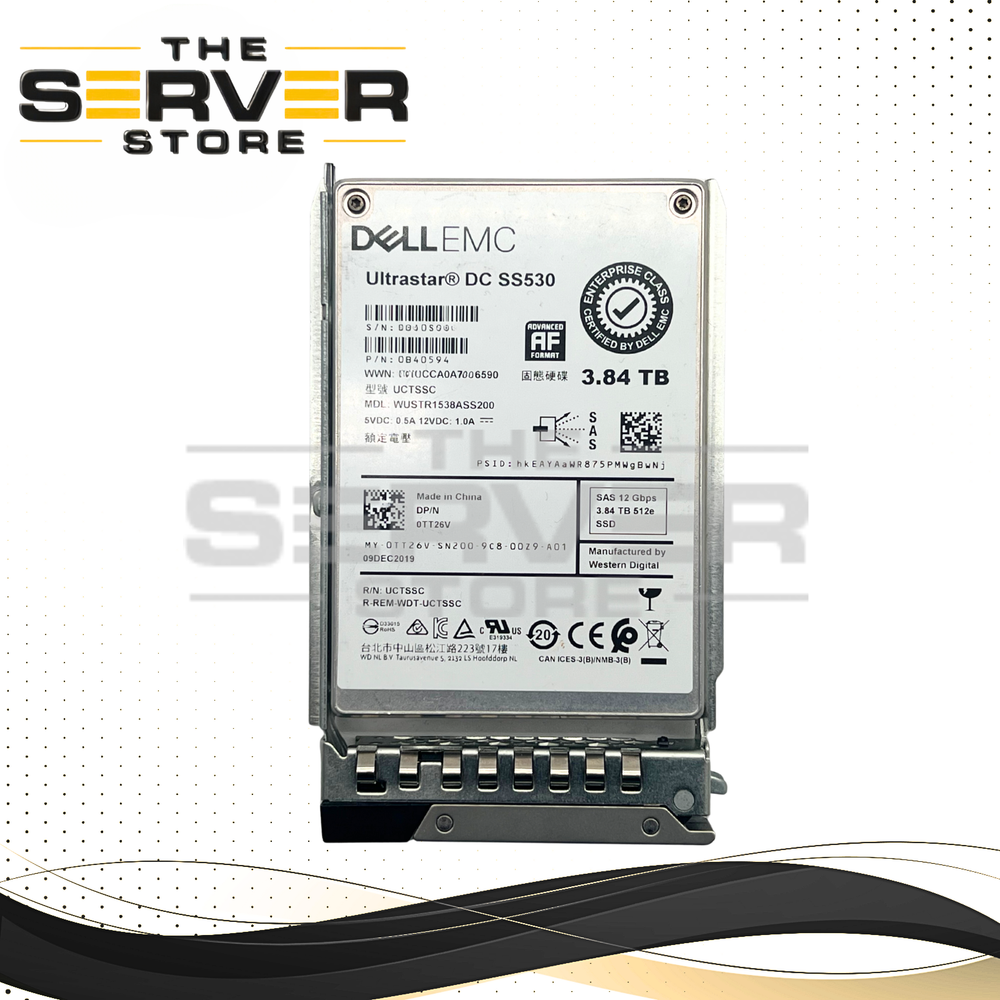 (New Open Box) Dell EMC 3.84TB SAS 12G RI SFF 2.5" 15mm SSD Western Digital (WD) Ultrastar DC SS530 Series WUSTR1538ASS200 0TT26V TT26V for Dell PowerEdge Server (Dell PowerEdge G15th Tray Included)