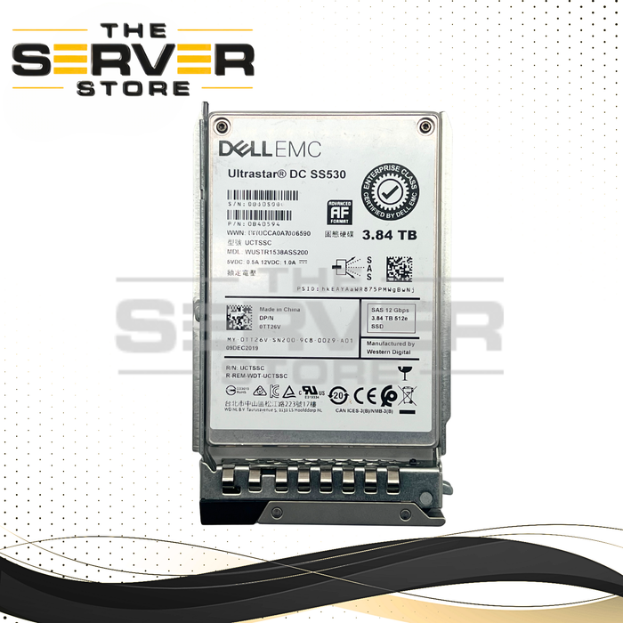 (New Open Box) Dell EMC 3.84TB SAS 12G RI SFF 2.5" 15mm SSD Western Digital (WD) Ultrastar DC SS530 Series WUSTR1538ASS200 0TT26V TT26V for Dell PowerEdge Server (Dell PowerEdge G15th Tray Included)