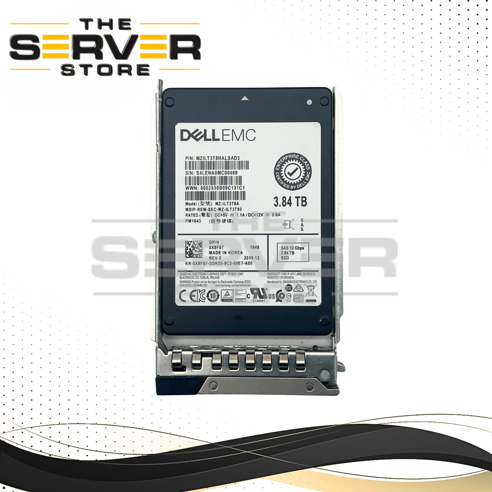 (New Open Box) Dell EMC 3.84TB SAS 12G RI SFF 2.5" SSD Samsung PM1643 Series MZ-ILT3T8A (Gen15th) 0X8F87 X8F87 (Dell Power Edge G15th Tray Includes)