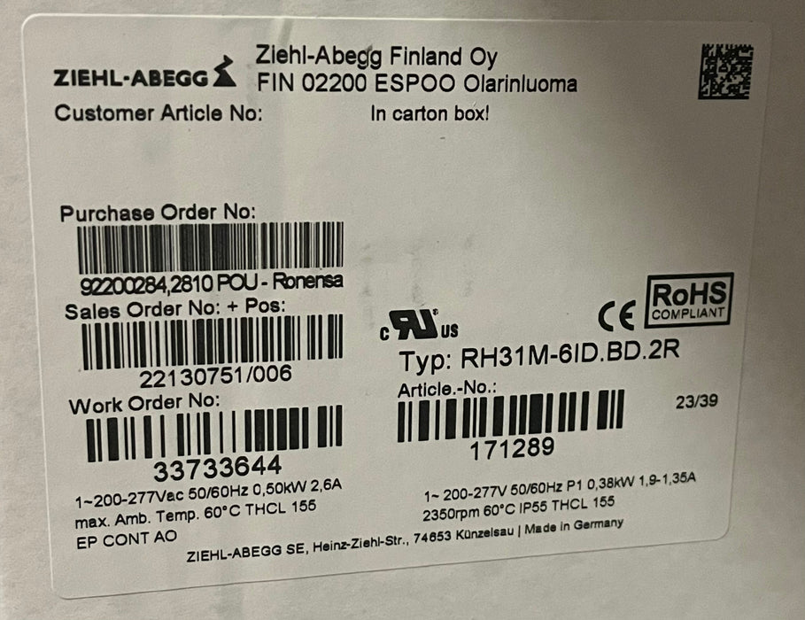 Brand new RH31M-6ID.BD.2R ZIEHL-ABEGG centrifugal fan 380/500W 200/277V 1.9/1.35A