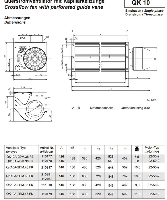 QK10A-2EM.48.FK ZIEHL-ABEGG Crossflow fan 230V 0.73/0.67kW 2.9/3.2A 2620/2810rpm