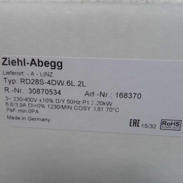 RD28S-4DW.6L.2L 230/400V 50Hz ZIEHL-ABEGG Centrifugal Fan