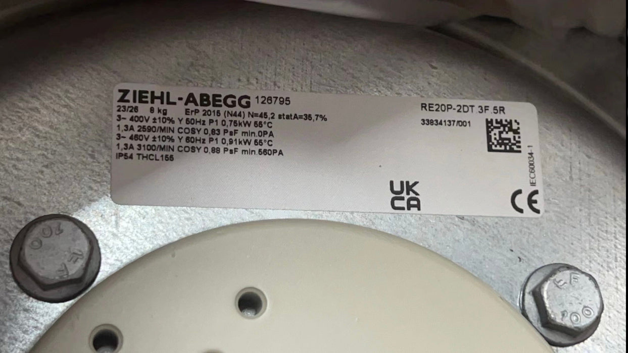 RE20P-2DT.3F.5R Motor Fan 400/460V 0.75/0.91kW 1.3A 2590/3100rpm ZIEHL-ABEGG centrifugal fan