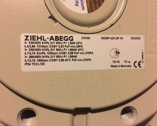 RE28P-4DK.6F.1R ZIEHL-ABEGG Centrifugal Fan 3~230/400V 1.5/1.85KW 2.6/4.7A 1310/1600rpm