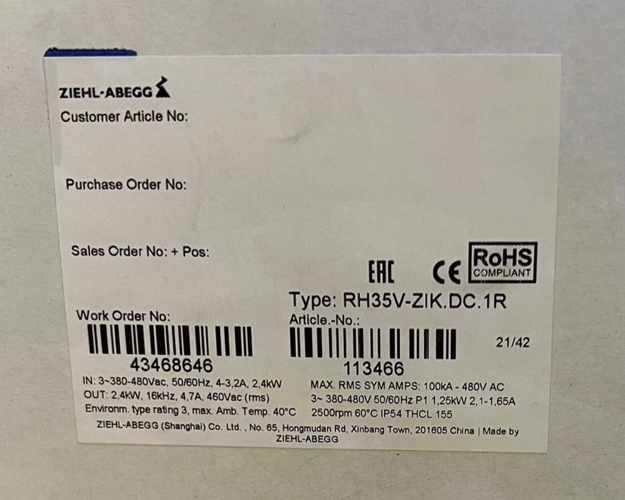 RH35V-ZIK.DC.1R ZIEHL-ABEGG centrifugal fan 380-400V 2.4-1.9A