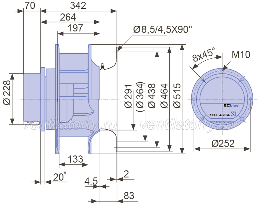 RH45C-ZIK.GG.CR ZIEHL-ABEGG centrifugal fan 3-380/480V 3.6kW 5.8/4.6A 2260rpm