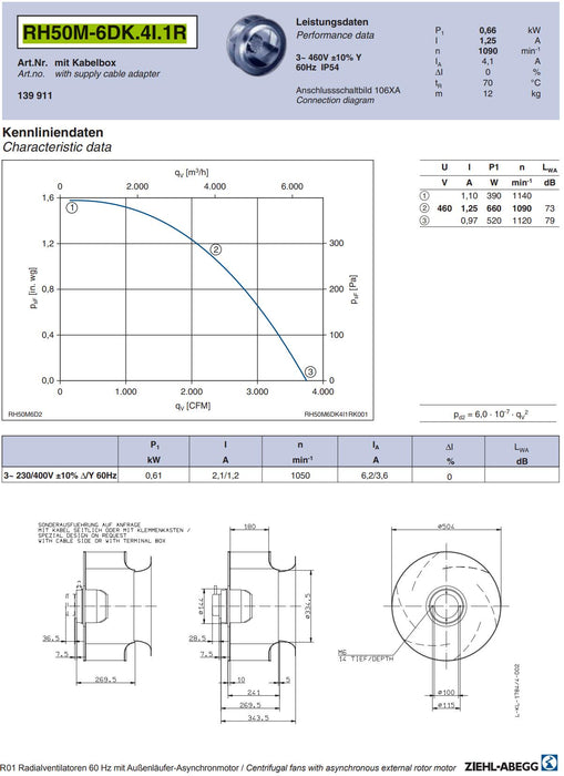 RH50M-6DK.4I.1R ZIEHL-ABEGG Industrial centrifugal fan 3-230/460V | 0.66/0.45KW