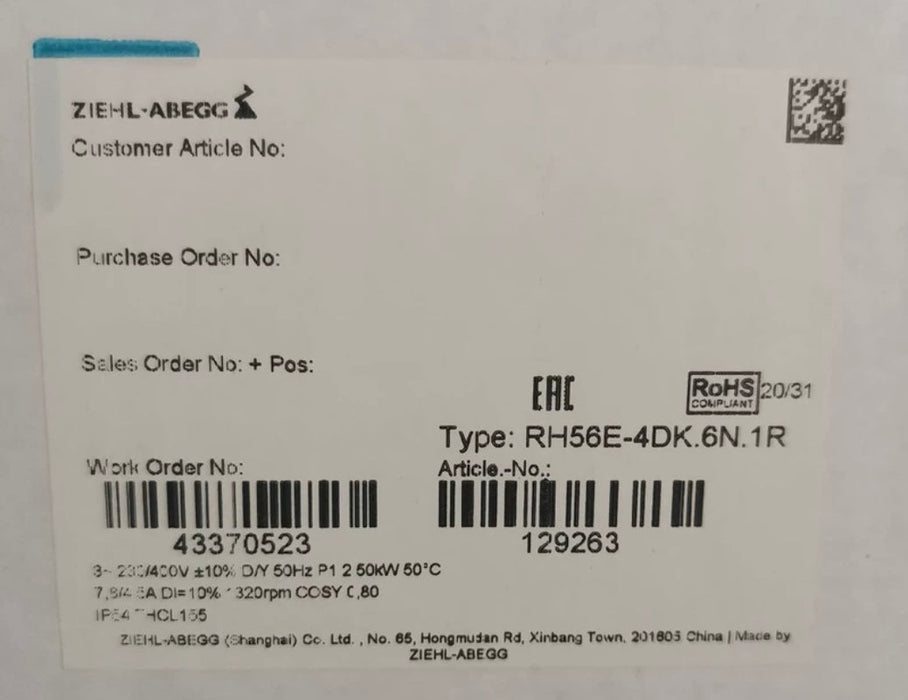 RH56E-4DK.6N.1R ZIEHL-ABEGG centrifugal fan 3-230/400V | 1320RPM | 2500W | 7.8/4.5A