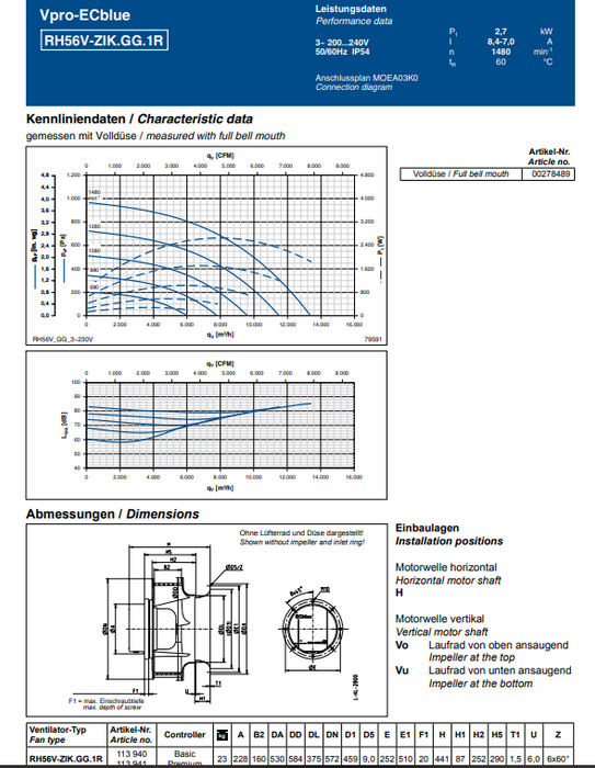 RH56V-ZIK.GG.1R ZIEHL-ABEGG centrifugal fan 2.7KW 380/480V 8.4/7.0A 1480RPM industrial cooling fan