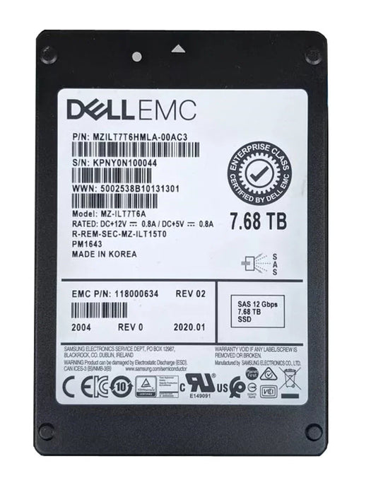 Samsung PM1643 MZILT7T6HMLA-00AC3 SSD 7.68 TB SAS 12Gb/s EMC OEM | USED