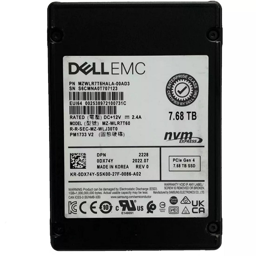 Samsung PM1733 MZWLR7T6HALA-00AD3 SSD 7.68 TB Pci Express 4.0 X4 (NVMe) DELL OEM Brand New | USED