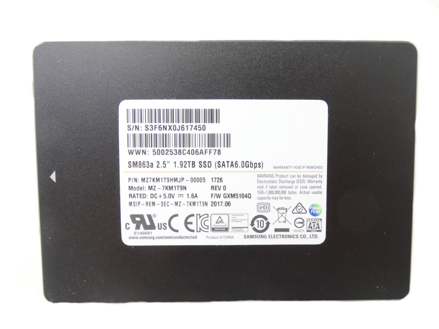 Samsung SM863a 1.92TB 6GB/s SATA 2.5'' Solid State Drive SSD (MZ7KM1T9HMJP-00005)
