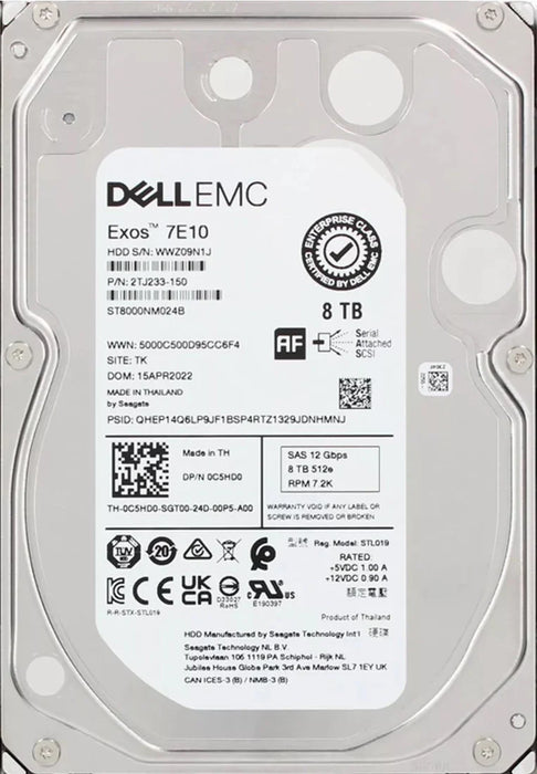 Seagate Exos 7E10 2TJ233-150 8TB 7.2K RPM SAS-12Gb/s 3.5inch Internal HDD Dell OEM | USED