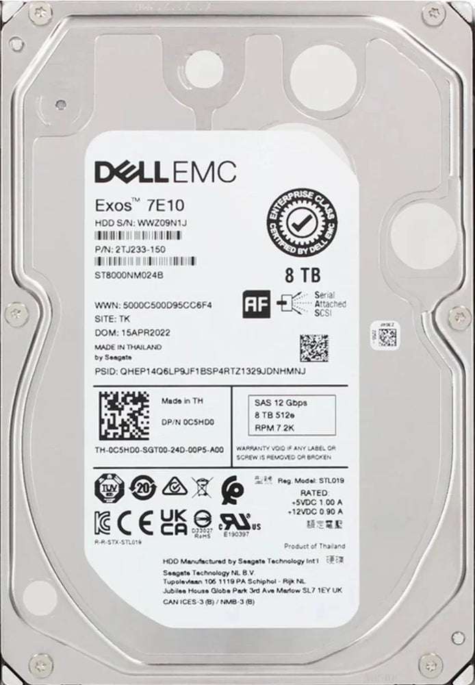 Seagate Exos 7E10 ST8000NM024B 8TB 7.2K RPM SAS-12Gb/s 3.5inch Internal HDD Dell OEM | USED