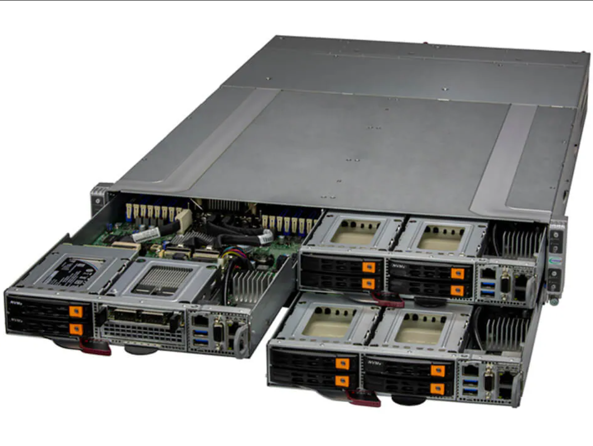Supermicro AS-2115GT-HNTF GrandTwin 2U Server Each Node with AMD EPYC 9274F, Dual 25GbE