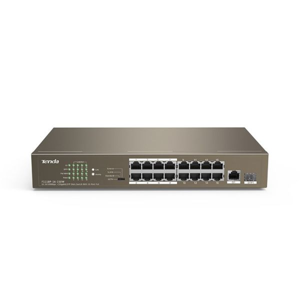 TEF1118P-16-150W - Tenda 18-Ports 10/100/1000BASE-T Ethernet Rack-mountable Network Switch with Single-Port SFP