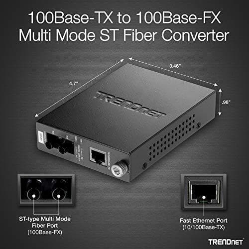 TRENDnet 100Base-TX to 100Base-FX Multi Mode ST Fiber Media Converter (2 Km / 1.2 Miles), Auto-Negotiation, Auto-MDIX, Full-Duplex Mode, Fiber to Ethernet Converter, Lifetime Protection, TFC-110MST-FoxTI