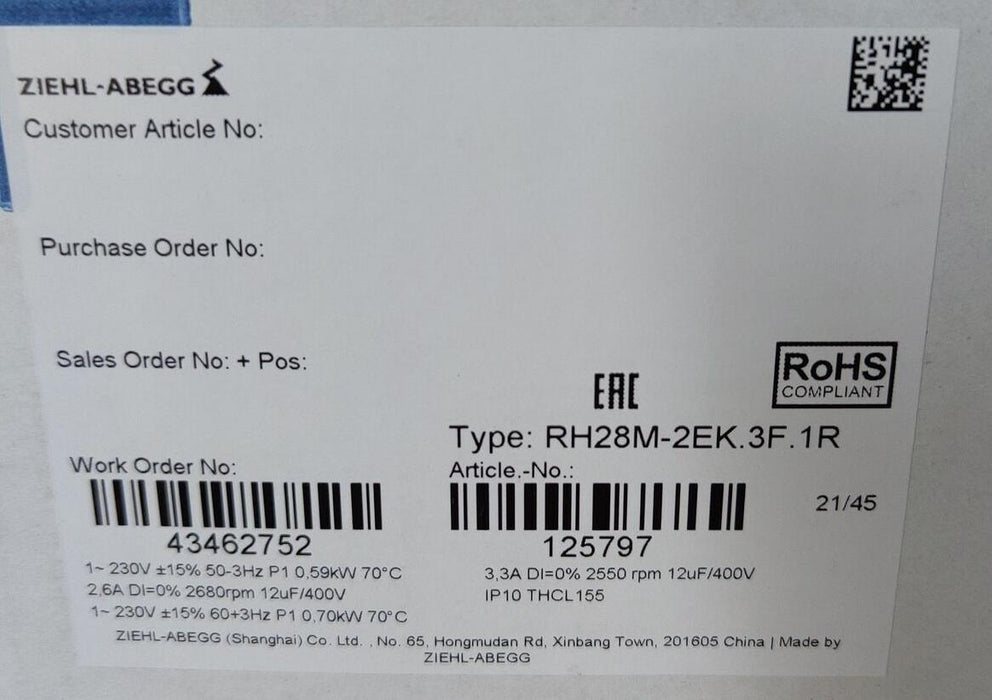 RH28M-2EK.3F.1R 125797 6SY7000-0AE32 ZIEHL-ABEGG centrifugal fan
