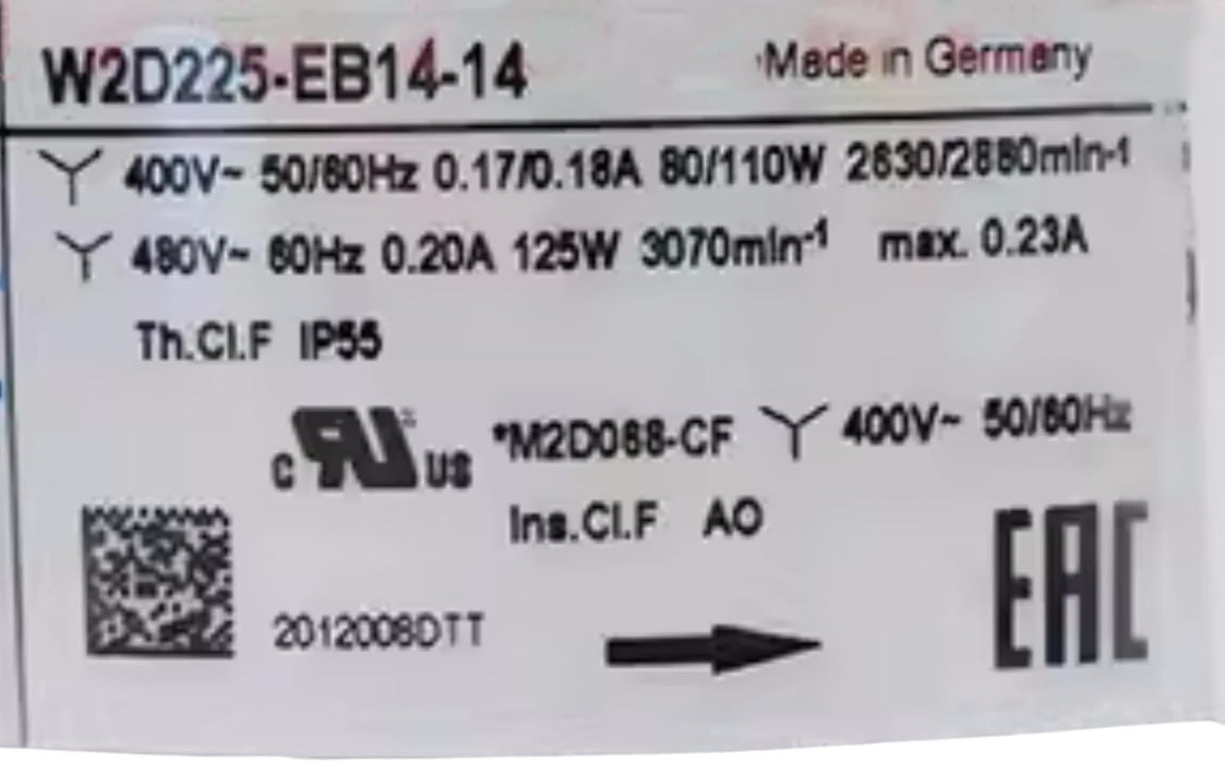W2D225-EB14-14 EBMpapst 400V 80W 0.17/0.18A 2750/3250RPM 50/60HZ inverter fan