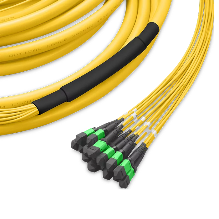 Pre-terminated MPO 2x2 Shuffle Trunk Cable, 128 Fibers, 16 x MPO-8 APC (Male) to 16 x MPO-8 APC (Male), Single Mode (OS2), Type 2, OFNP, 0.35dB Max, Breakout 80cm, Yellow