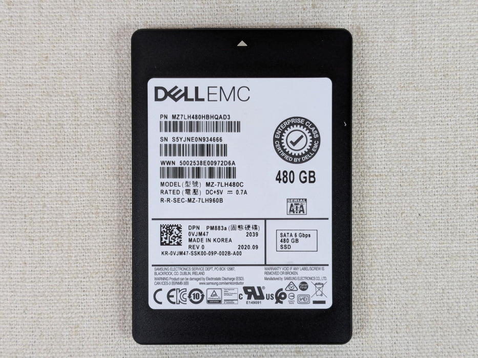 Dell VJM47 480GB 6Gb/s 2.5" SATA RI TLC SSD Samsung PM883a MZ-7LH480C