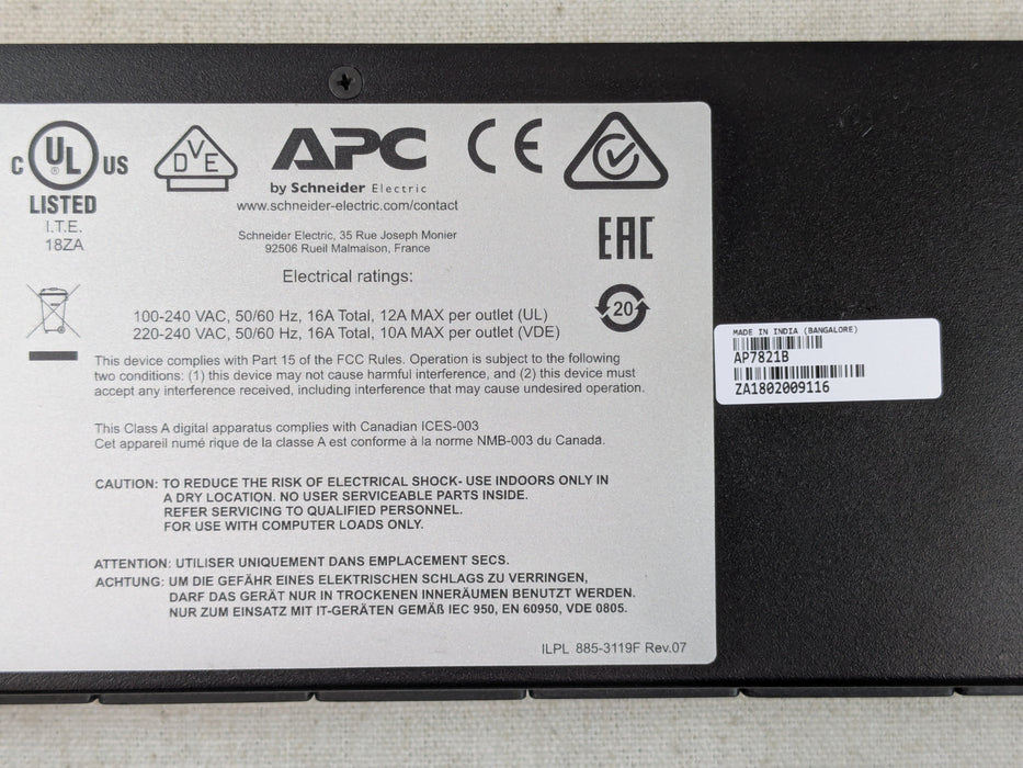 APC AP7821B 1U 16A 208/230V 8x C13 Outlet Rack PDU Metered