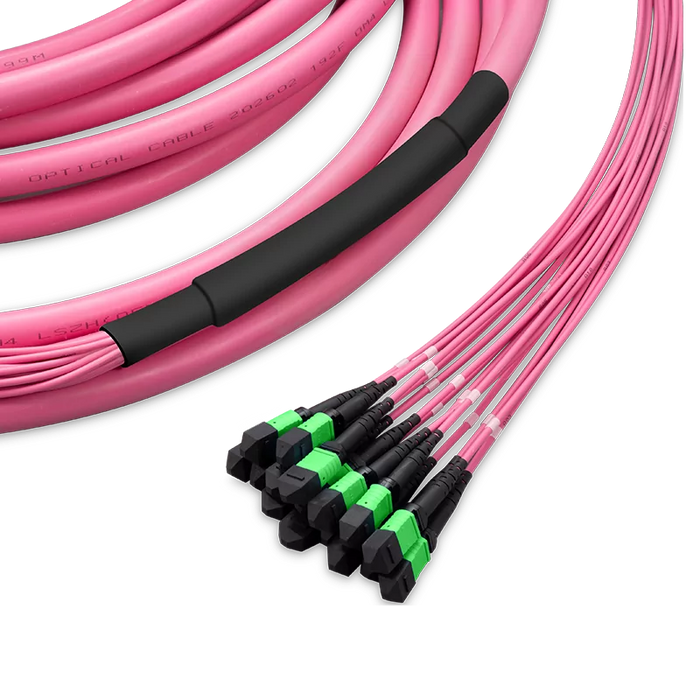 Pre-terminated MPO 2x2 Shuffle Trunk Cable, 128 Fibers, 16 x MPO-8 APC (Male) to 16 x MPO-8 APC (Male), Multimode (OM4), Type 2, LSZH/OFNP, 0.35dB Max, Breakout 80cm, Magenta
