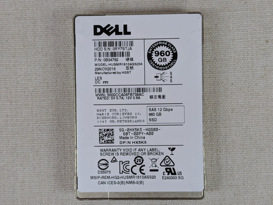 Dell HX5K5 960GB 12Gb/s 2.5" SAS RI TLC SSD HUSMR1610ASS204 - 83% health no tray