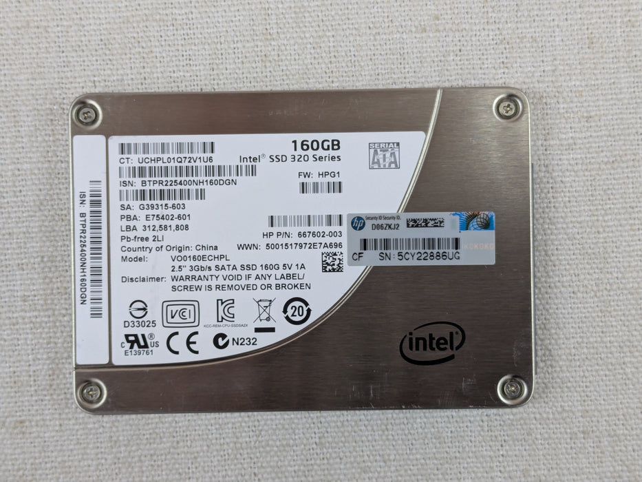 HP 667602-003 160GB 6Gb/s 2.5" SATA SSD Intel 320 Series