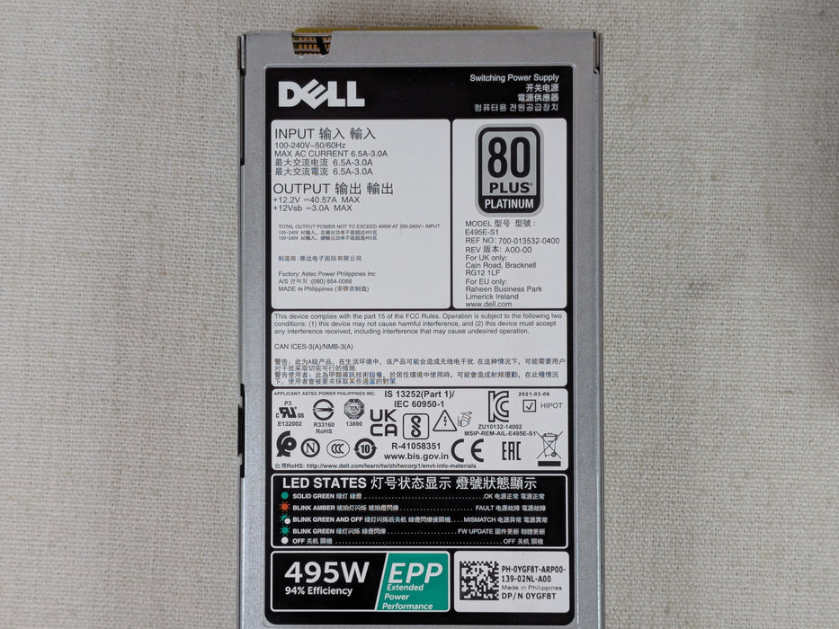 Dell YGF8T 495W 80 Plus Platinum Power Supply 13G/14G