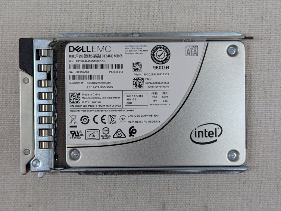 Dell X31G3 960GB 6Gb/s 2.5” SATA Mix Use SSD Intel S4610 SSDSC2KG960G8R 14G Tray