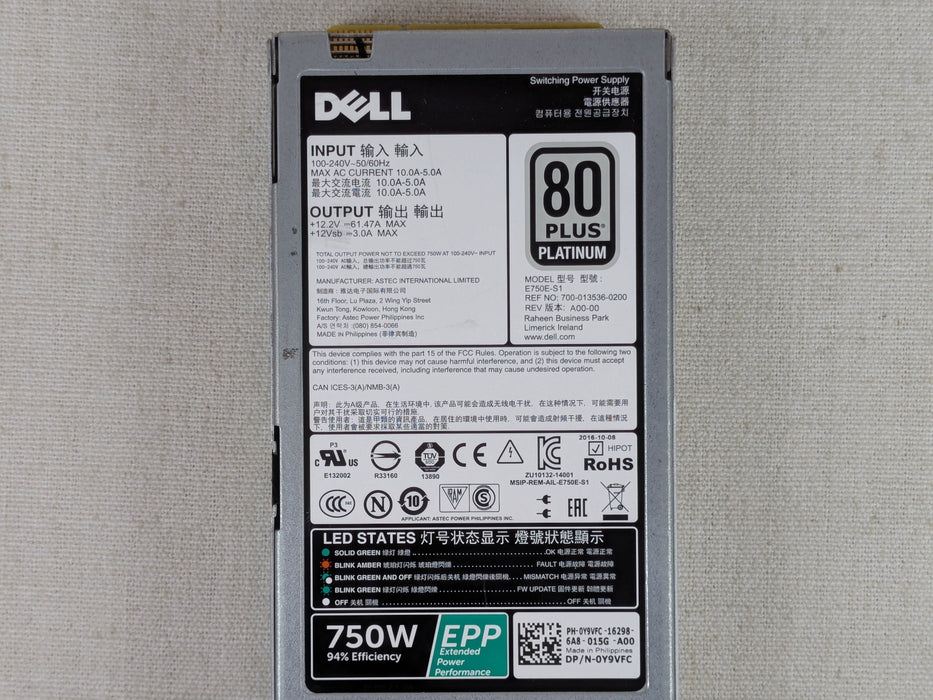 Dell Y9VFC 750W 80+ Platinum Power Supply Module PowerEdge R630 R730 R640 R740