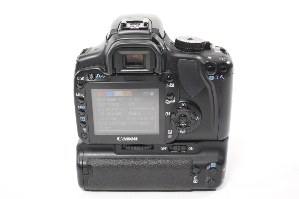 Canon EOS Rebel XTi DSLR Camera with Canon 18-55mm 3.5-5.6 II EF-S Lens with Battery Grip