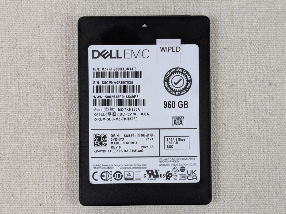 Dell YDHYX 960GB 6Gb/s 2.5” SATA Mix Use SSD Samsung MZ-7KH960A No Tray