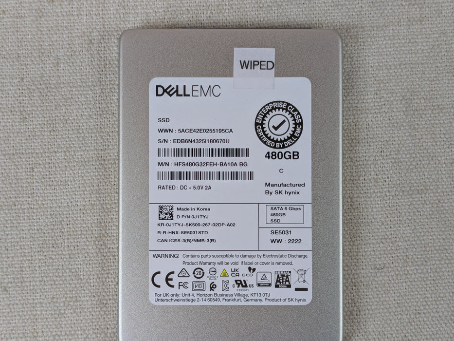 Dell J1TYJ 480GB 6Gb/s 2.5" Mix Use SATA SSD HFS480G32FEH No Tray