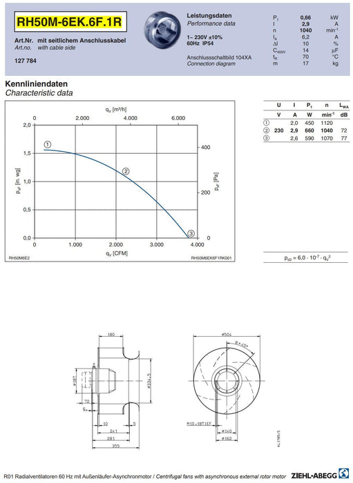 Brand new RH50M-6EK.6F.1R ZIEHL-ABEGG centrifugal fan 1-230V 0.66kW 2.9A 1040Rpm 50/60HZ