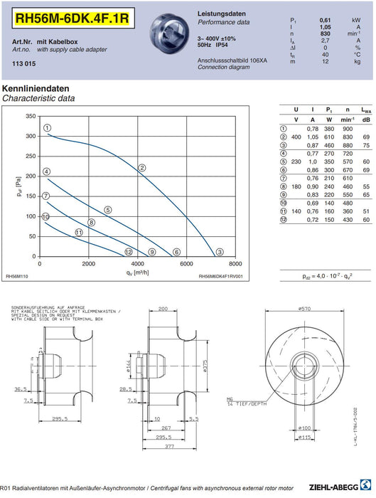 RH56M-6DK.4F.1R ZIEHL-ABEGG centrifugal fan 3-400V 0.61kW 1.05A 830rpm
