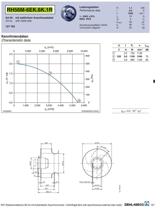 Brand new RH56M-6EK.6K.1R ZIEHL-ABEGG centrifugal fan | 1~230V | 1040RPM 1.1kW 5.0A