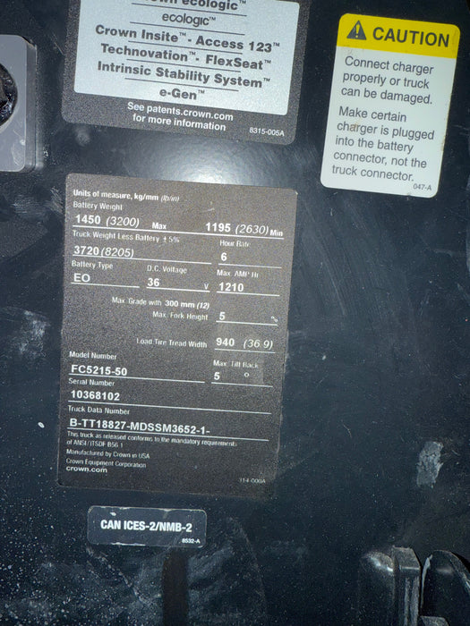 Crown FC5215-50 Electric Forklift Sit-down rider lift | Odometer 1150