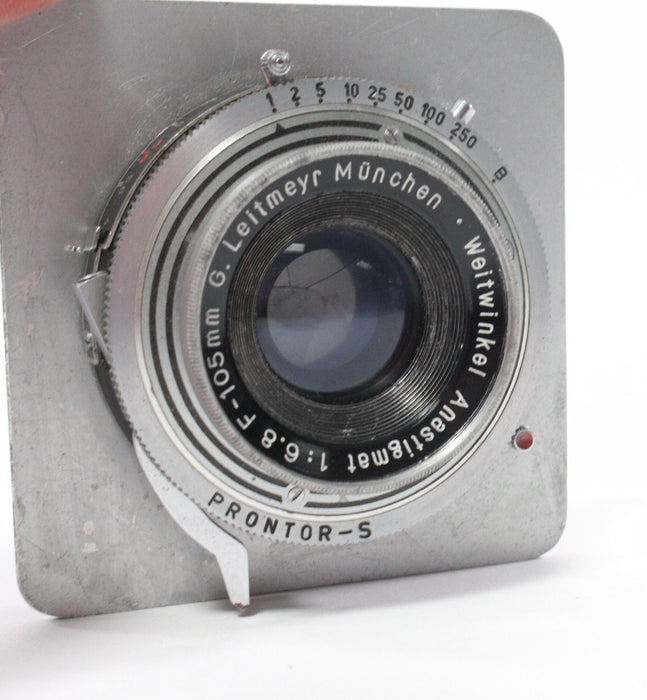 G. Leitmeyr Muchen Weitwinkel Anstigmat 105mm f/6.8 with Prontor-S Shutter on a 3x3 Lens Board AS-IS